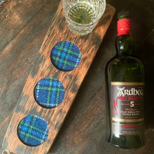 Load image into Gallery viewer, Custom Whisky Flight Tray with Harris Tweed Inserts, image includes bottle of Adberg Whisky